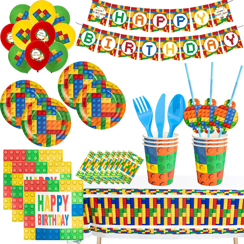 New Building Blocks Birthday Party Decoration Tableware Balloons Plate Cup Napkins Backdrop Set Kid Birthday Theme Deco Supplies