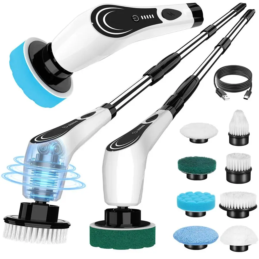 

Spin Scrubber, Cordless Power Scrubber with 8 Replaceable Brushs, 2Speed Adjustable Handle Shower Scrubber, IPX7 Waterproof Clea