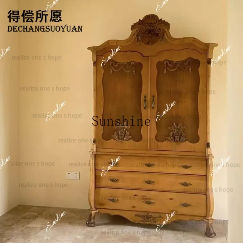 

American retro old solid wood hand-carved double door storage B & B studio decorative wardrobe FT
