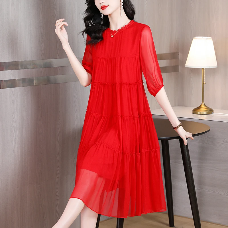 

2025 Solid Chiffon Sexy Midi Dress Spring Autumn Half Sleeve Silk Elegant Bodycon Dress Women Boho Korean Casual Party Vestidos
