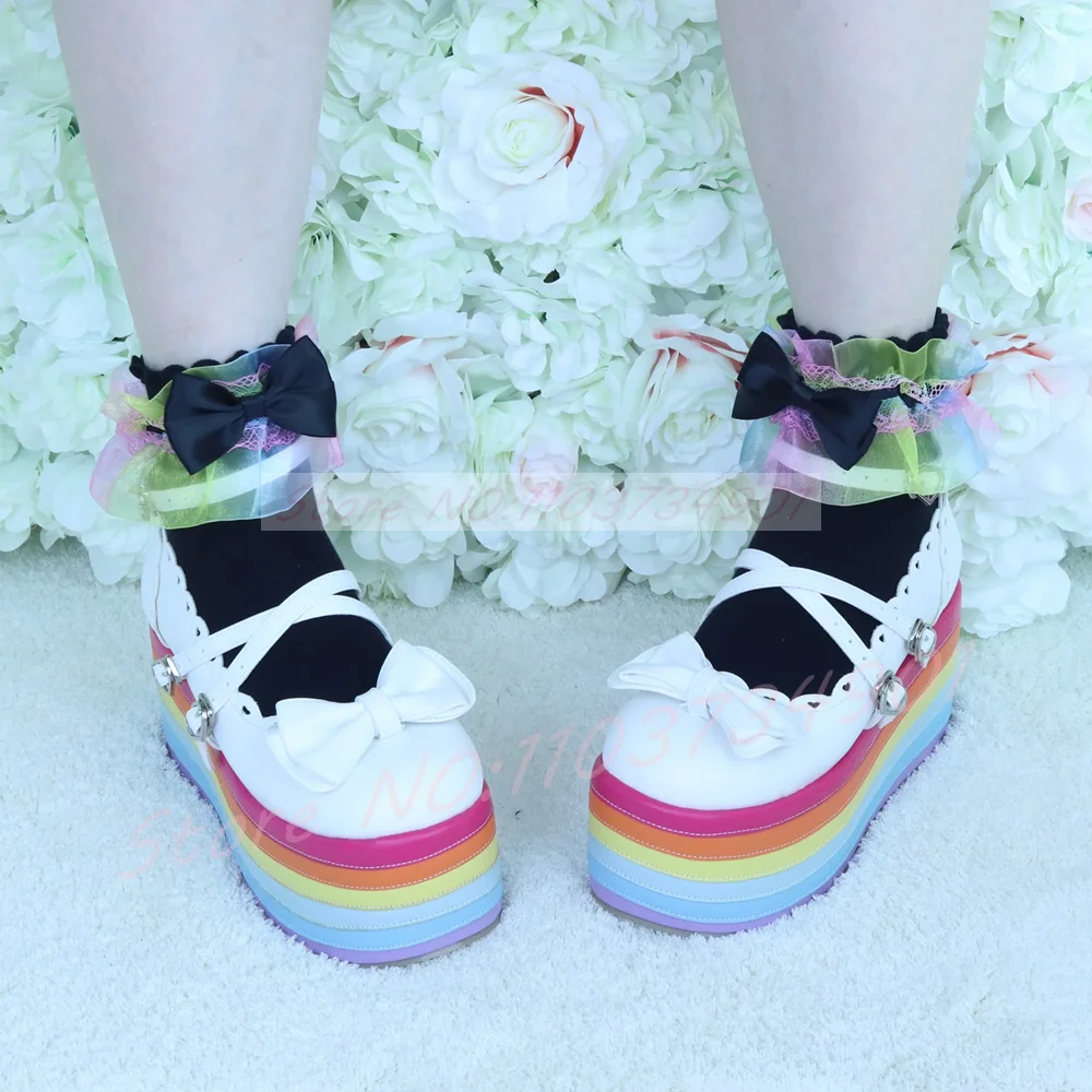 Double Buckle Strap Mary Jane Shoes Women Rainbow Platform White Bow Lolita Pumps Sweet Goth Party Street Pumps