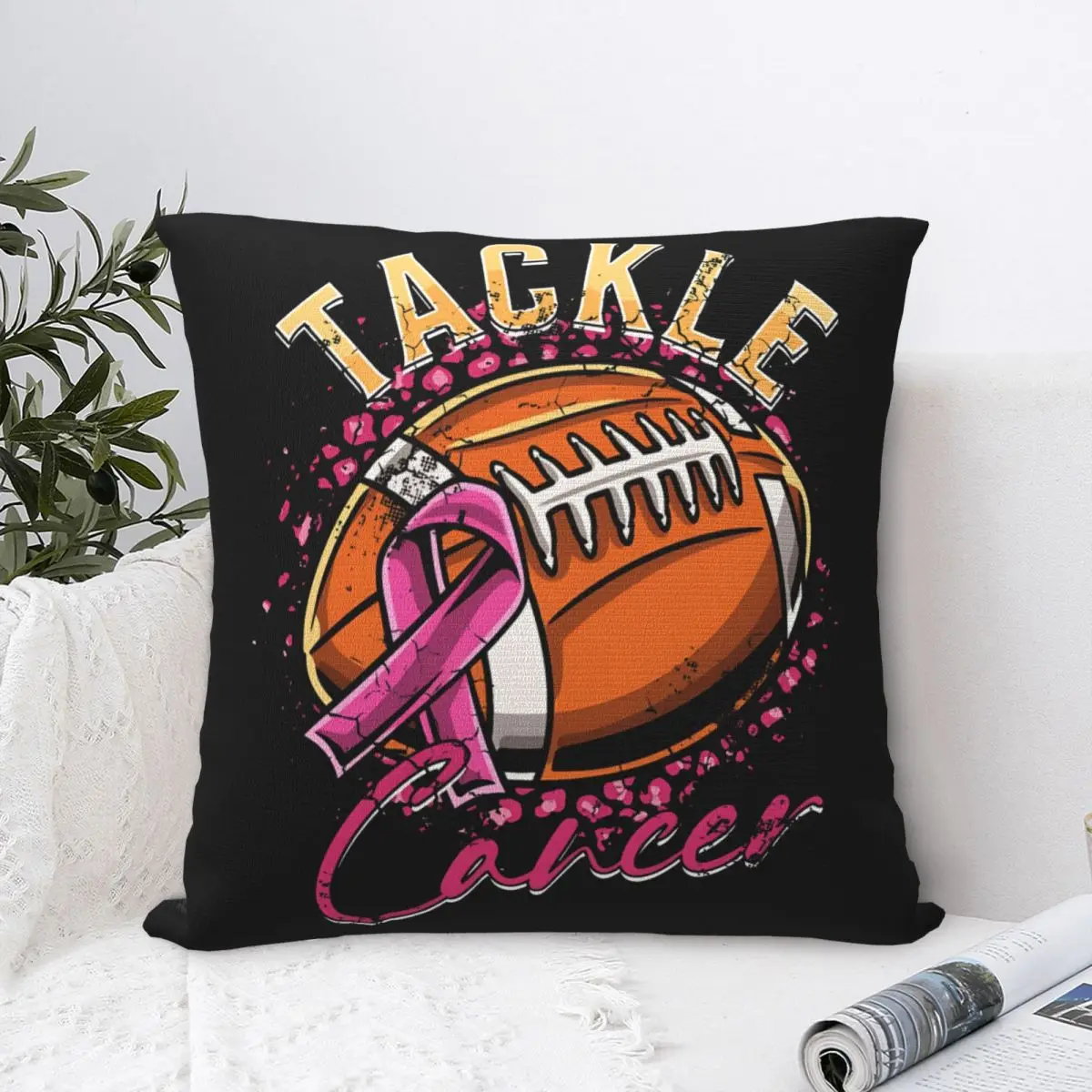 Tackle Breast Cancer Football Square Pillowcases Polyester Seat Cushion Cover Creative Decor Pillow Cover 40*40