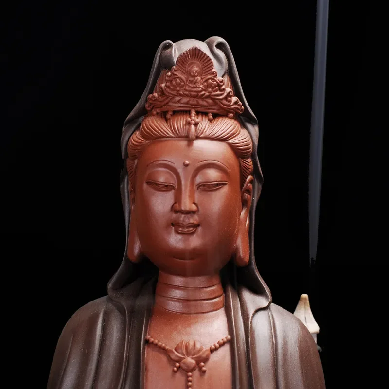 Ceramic Backflow Incense Burner Avalokitesvara Bodhisattva Statue Wooden Base Home Decor Living Room Ornament Peaceful Zen
