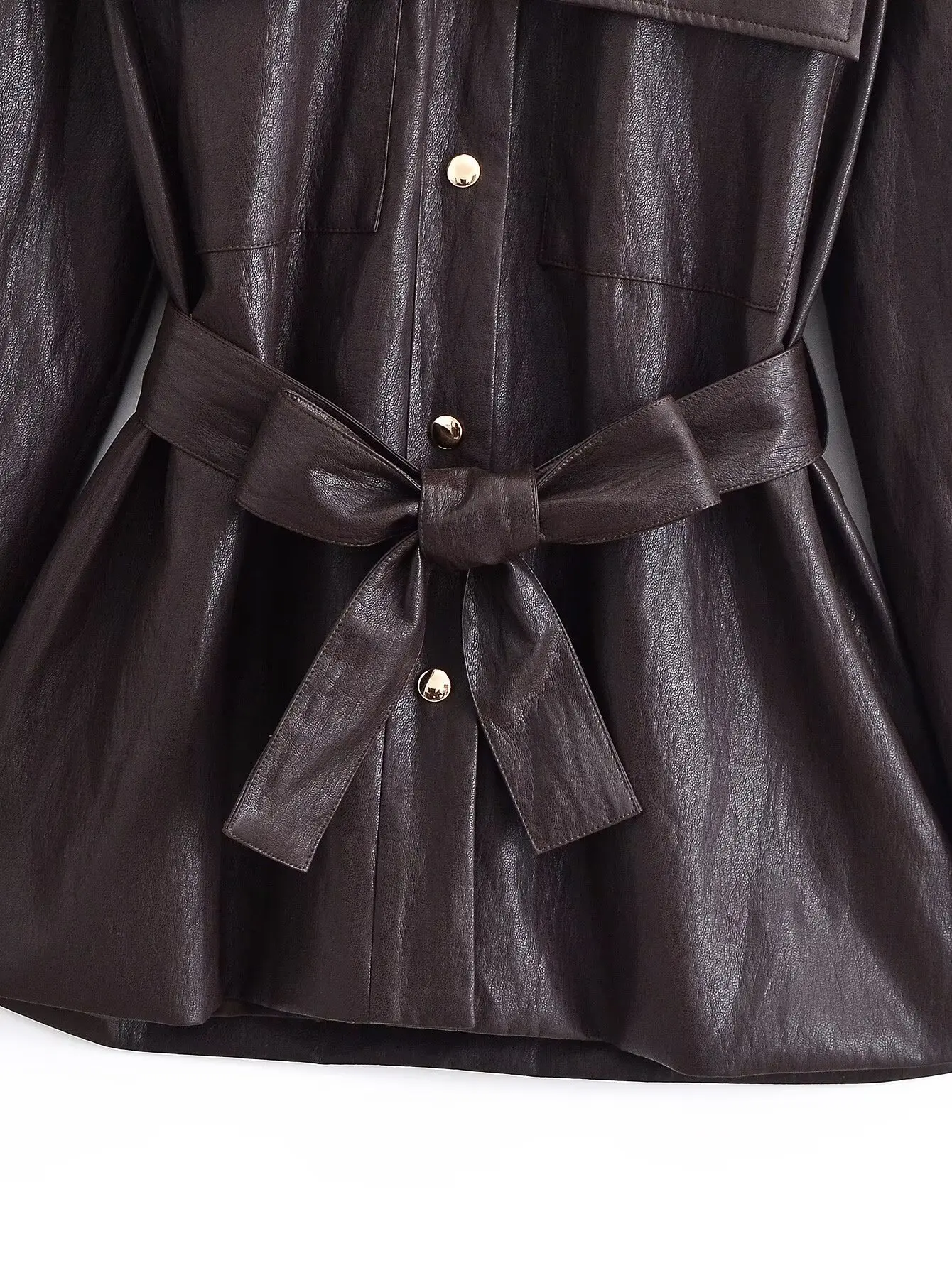 Damska odzież transgraniczna 2025 jesień i zima, styl europejski i amerykański, kurtka ze skóry PU z klapami i wiązaniem w talii.