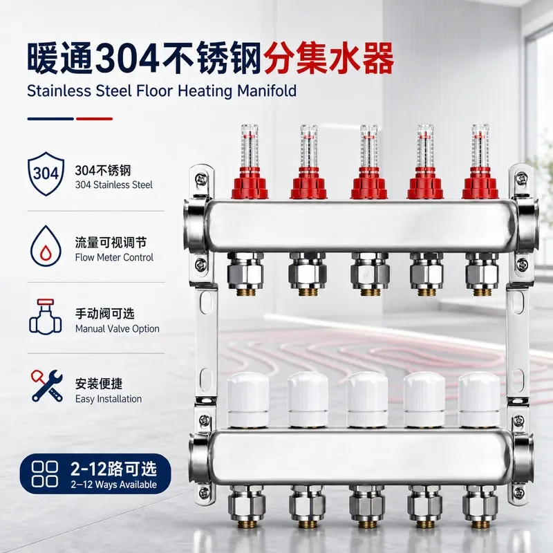 304 Stainless Steel 2-Way Underfloor Heating Manifold, HVAC Water Separator with Visual Float Flow Meter