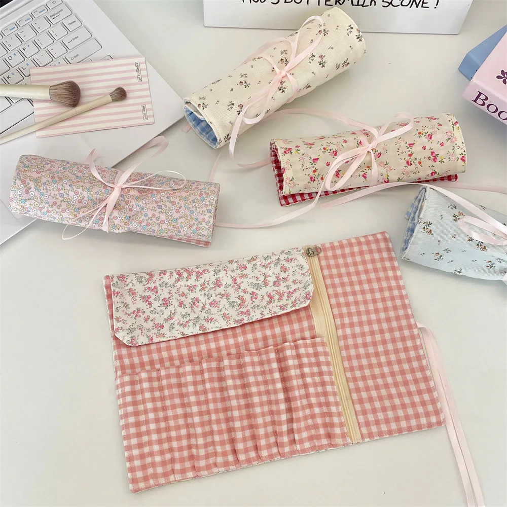 

Тканевая косметичка с цветочным узором для кистей для теней, портативная сумка для хранения косметики, карандашей для бровей, настольный органайзер большой емкости