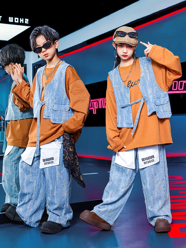 Kinder Street Dance Kleidung Kinder Jazz Kpop Bühne Outfit Junge Streetwear Weste Mädchen Hip Hop Kostüm Denim Shuffle Hosen