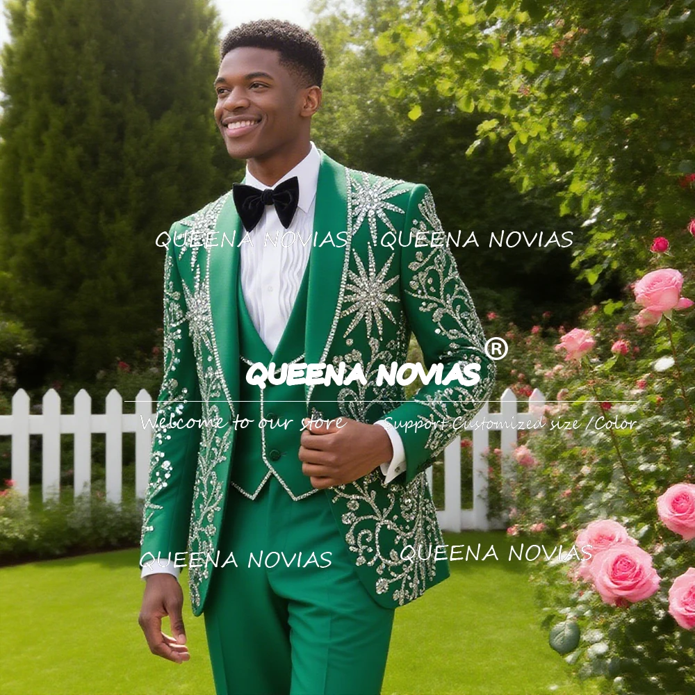 Costumes de luxe en perles de cristaux pour hommes, ensemble de 3 pièces pour mariage, blazer de marié à revers châle, personnalisé, Tuxedos de fête de Banquet, 2026