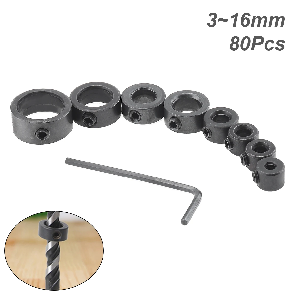 8 stuks 3-16mm houtbewerking boor limiet ring dieptestopring met mini zeskant sleutel houtbewerking gereedschap bevestiging handgereedschap