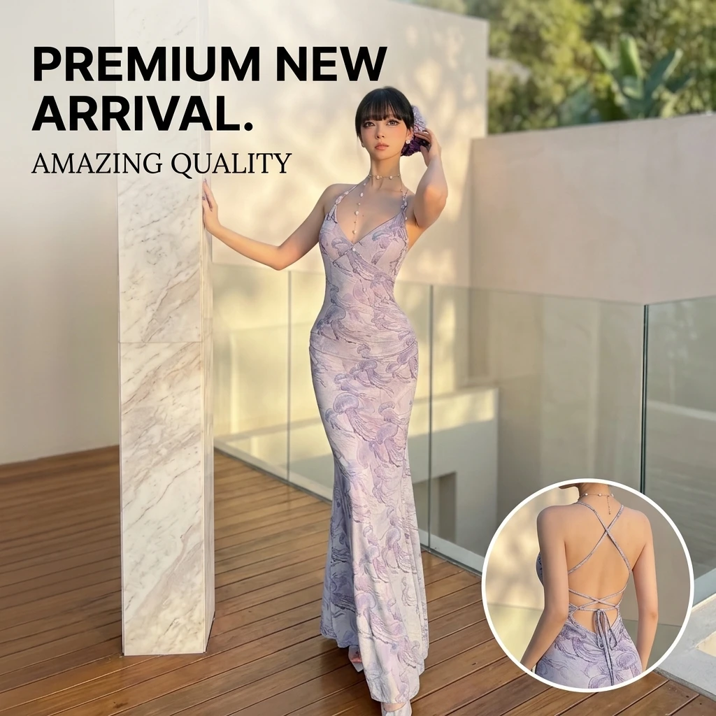 Maxi Dress Purple Backless Slim Fit Fishtail Mermaid Spaghetti Strap Sexy Bodycon Vacation Dress