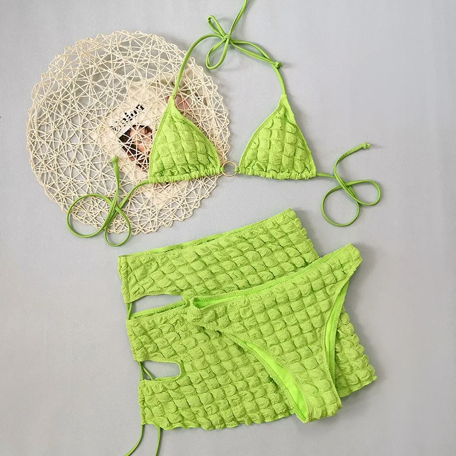

Neon Green Seersucker Swimwear with Skirts Cover Up 3 Piece Bikini Set Sexy Swimsuit Women 2025 String Halter Bikinis Beachwear