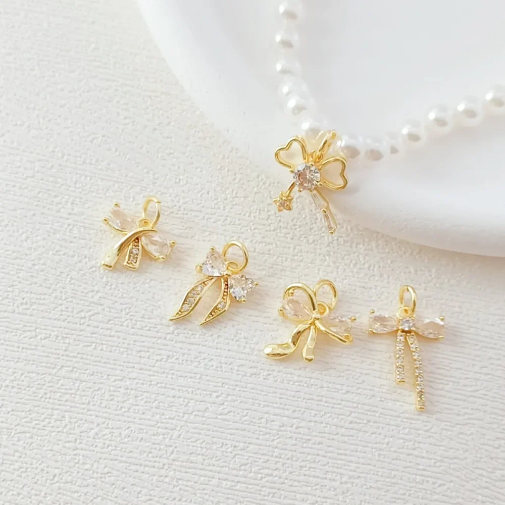 Gold Plated Bow CZ Pendants Charms Ribbon Bowknot Dangle For DIY Necklace Bracelet Earring Jewelry Making Supplies