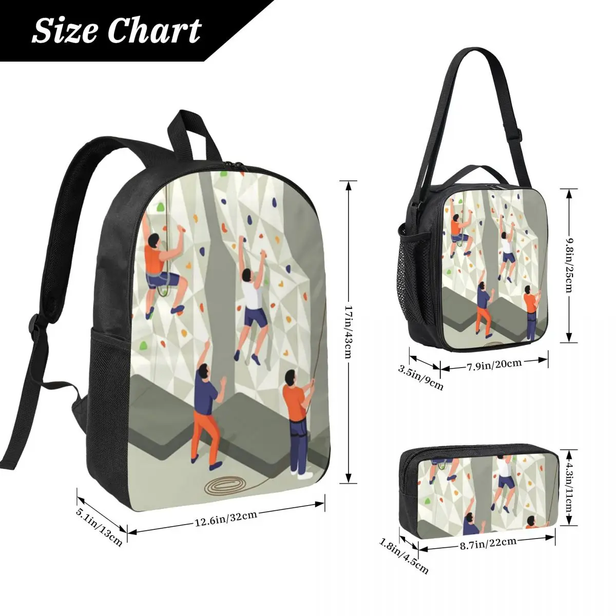 Rock Climbing Figure Sports Themed Backpack Student BookBag School Bag Laptop Shoulder Bags 3ps Insulated Lunch Bag Pencil Case