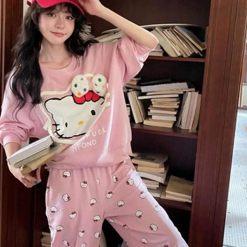 Cute Cartoon Hello Kitty Print Pajamas Women Spring Autumn Long Sleeve Pants Home Clothes Comfortable Loungewear Nightwear Set