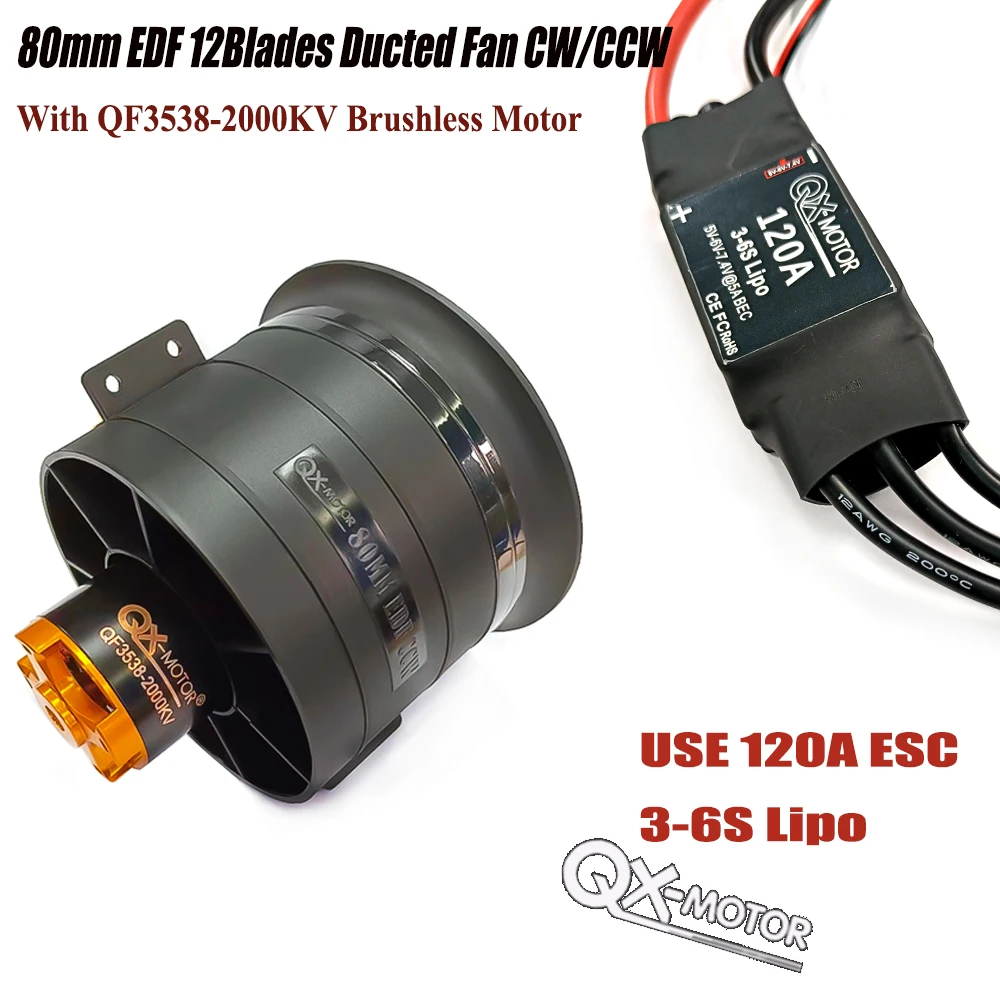 

QX-MOTOR EDF 80 мм QF3748 QF3538 12-лопастной вентилятор CW CCW с бесщеточным двигателем 6S/12S 1000KV 2000KV используется ESC для радиоуправляемого дрона, игрушечная часть
