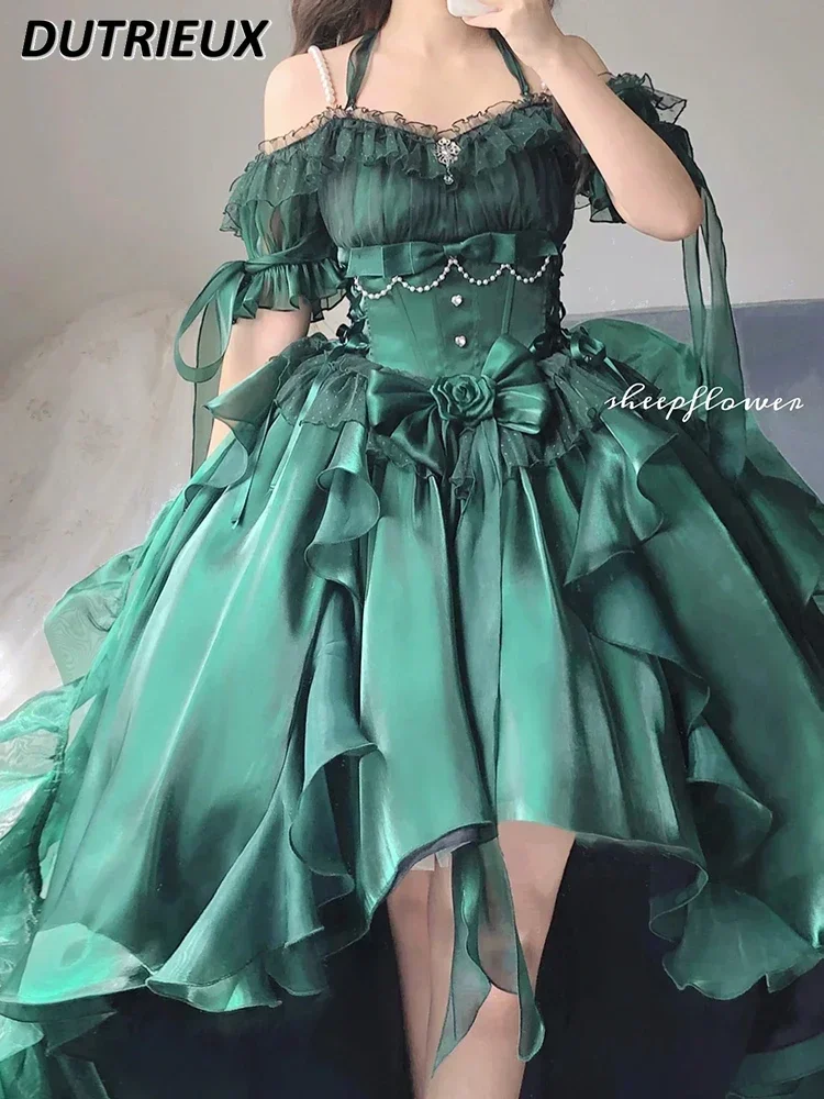 Green Flower High Waist Wedding Party Lolita Dress Sweet Girls Bow Bead Heavy Industry Trailing Puffy Princess Dresses