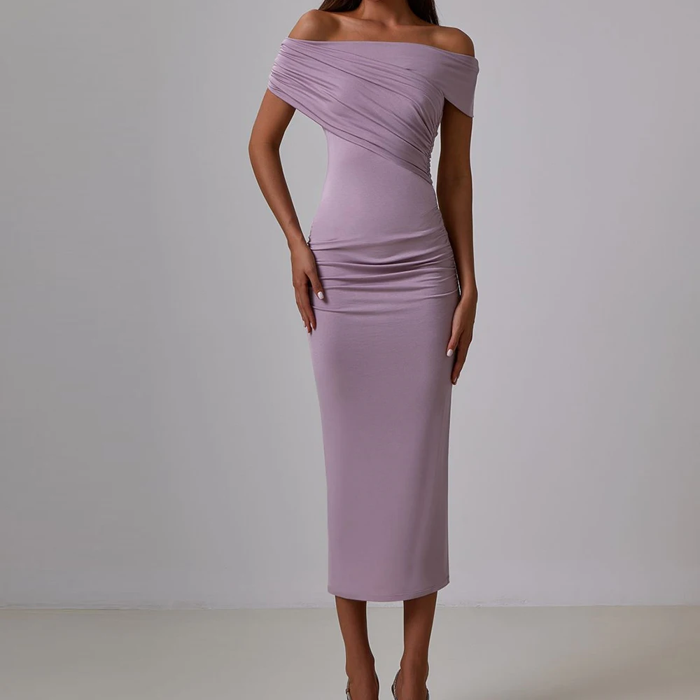 

Customized High Quality Jersey Straight Off the Shoulder Evening Dresses Boat Neck Short Sleeves Special Occasion Gowns Formal