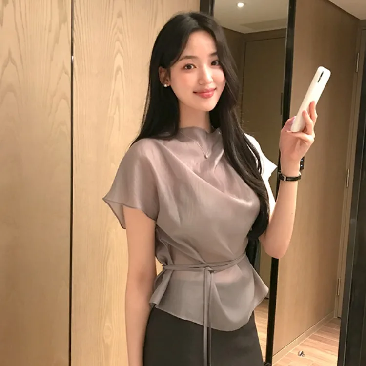 Korean Style Short Sleeve Shirt Micro Transparent Waist Belted Casual Straight Cut Summer Women's Fashion Breathable Top