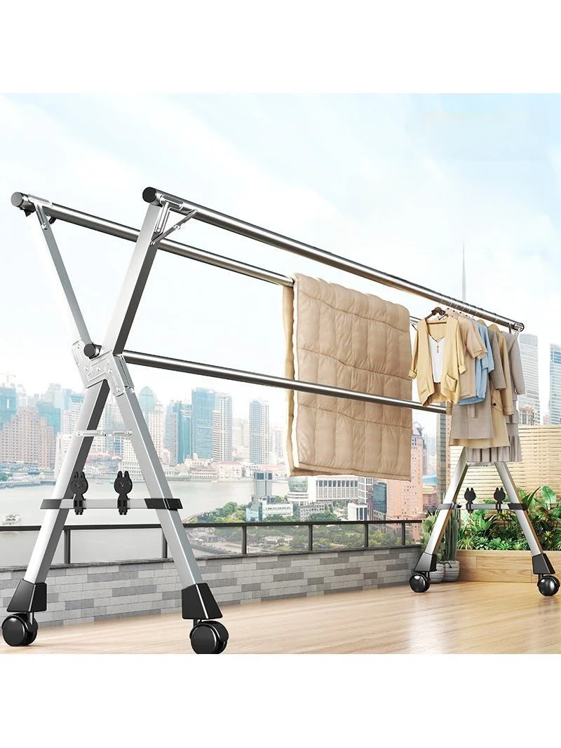 

Outdoor Stainl Steel Double Rod Clothes Drng Ra Standable Expandable Straight Bar Simple Design No Drilling Required