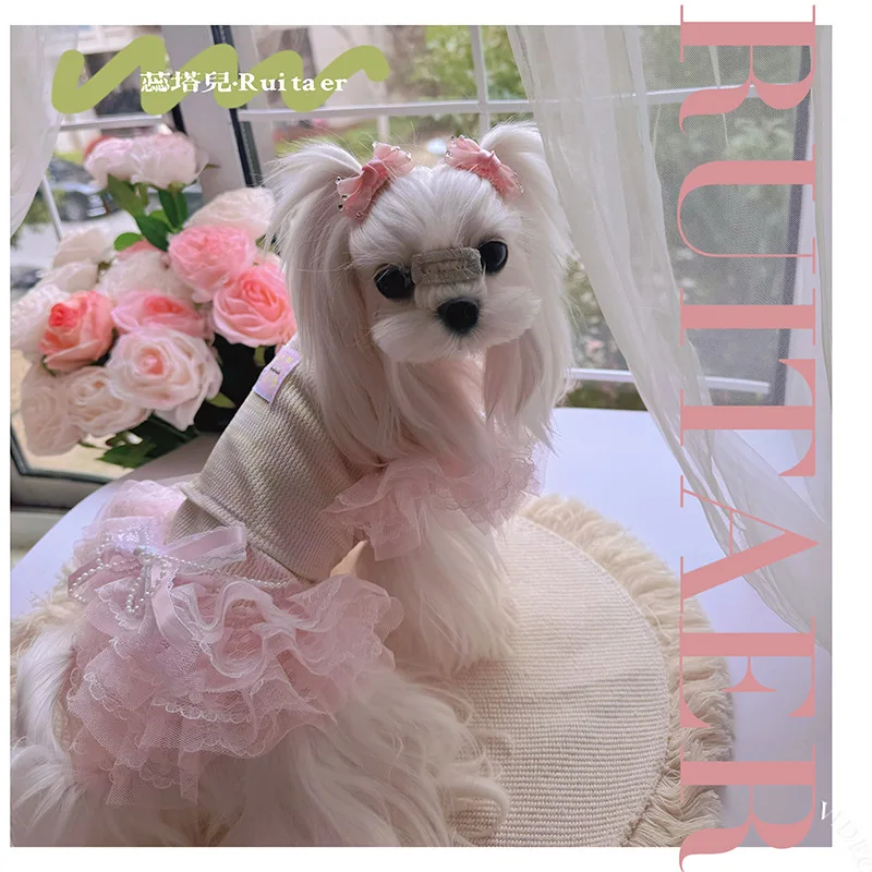 

Korean Pink Cute Puppy Dog Skirts Clothing 2026 Summer New Knit Lace Party Princess Dress For Small Medium Dog Sweet Pet Clothes