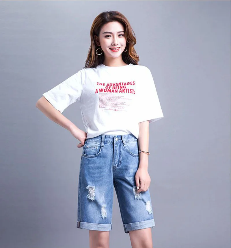Summer Cuffs Ripped Jeans Woman Elastic Waist Lace Up Shorts With Holes Femme Plus Size Casual Harem Pants Mujer Korean Style