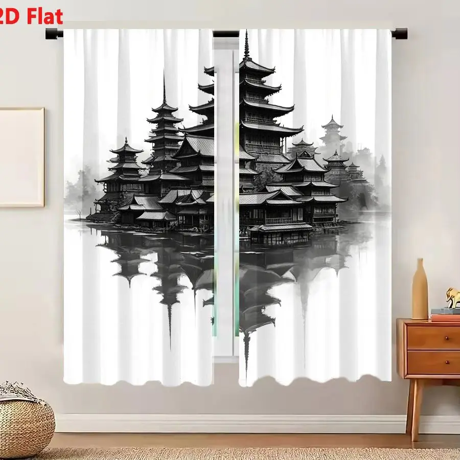 2Pcs Curtains 2D Flat Traditional East Asian Pagoda - Style Buildings on Water Symmetrical Scene with Reflections and Misty Back