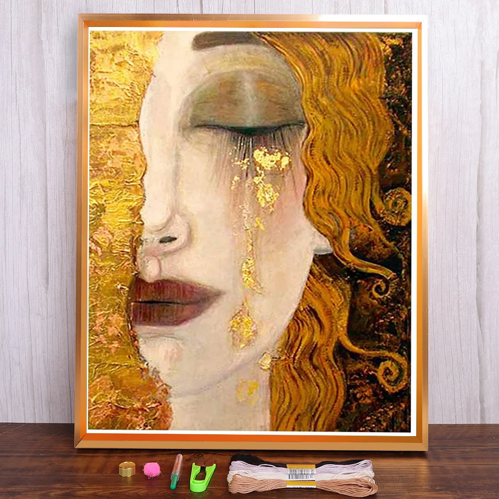 Klimt Printed Canvas 11CT Cross Stitch DIY Embroidery Complete Kit DMC Threads Handiwork Handicraft Needlework Sewing   Floss