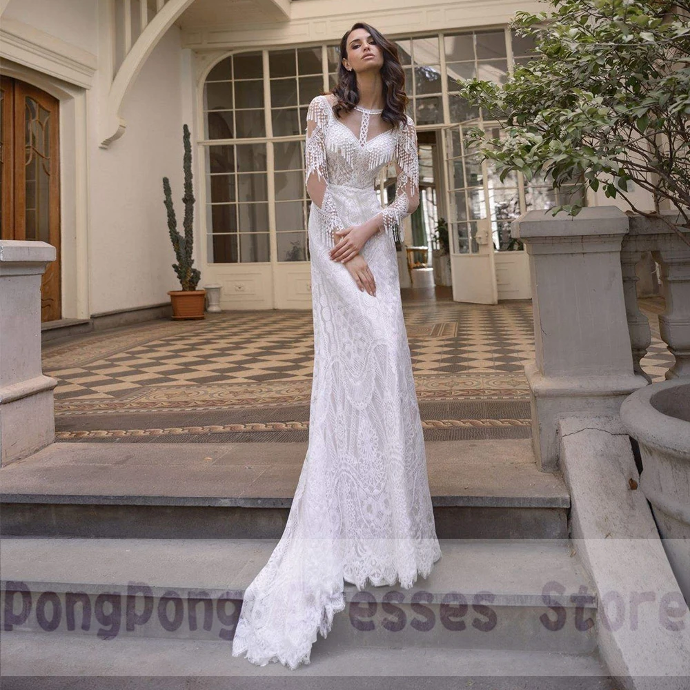 Retro Jewel  A-line Handmade Lace Dresses 2022 Tulle Flower Handmade Flower Open Back Floor Length Print Bridal Gowns Robe De Ma