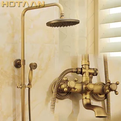 Antique Brass Wall Mounted Mixer Valve Rainfall Shower Faucet Complete Sets + 8