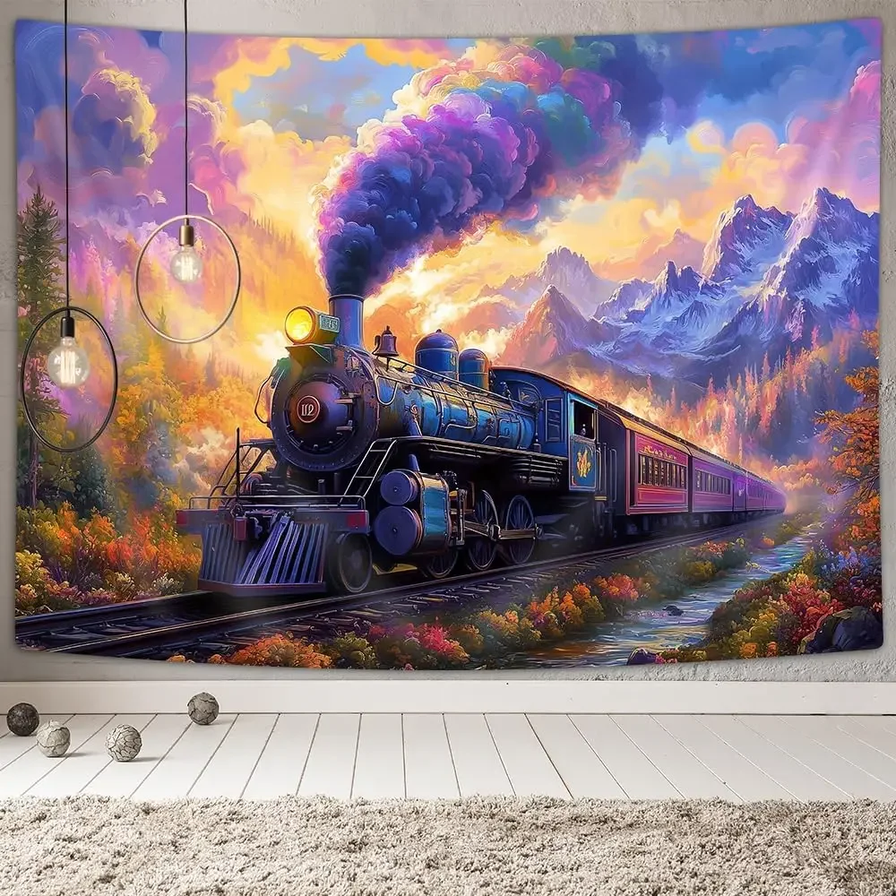 Steam Train Tapestry, Old Engine Train Scenery Tapestries Kids Decor, Rainbow Cloud Sky Forest Mountain Watercolor Art Wall