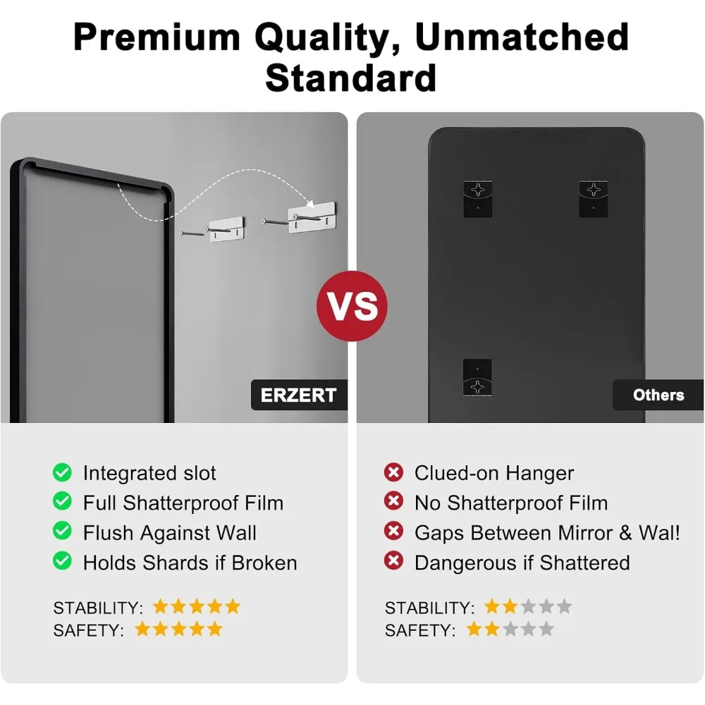 Ensemble de miroirs de salle de bain à cadre noir, 2 pièces, 24 x 36 pouces, incassable, accroche horizontalement ou vertical pour la vanité et le mur