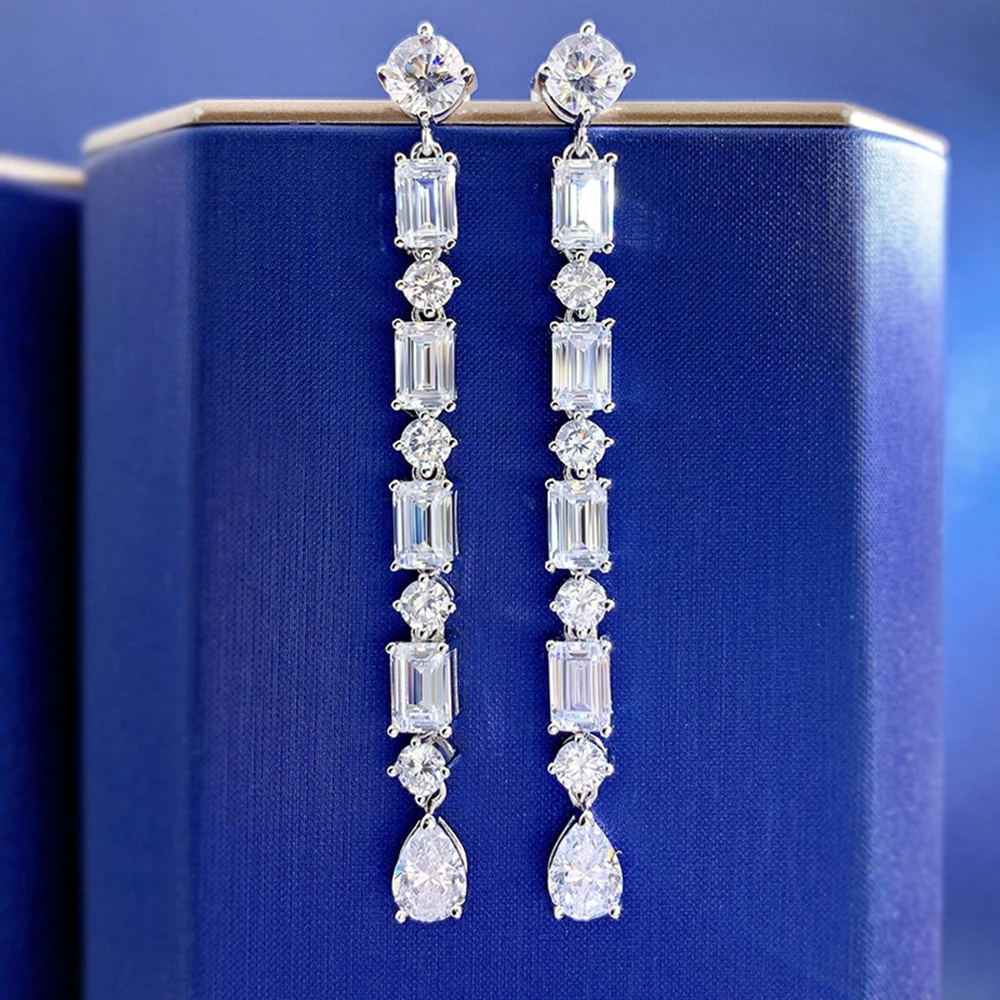 PuBang Fine Jewelry Real 925 Sterling Silver Sapphire Created Moissanite Tassel Drop Earrings for Women Party Gift Drop Shipping