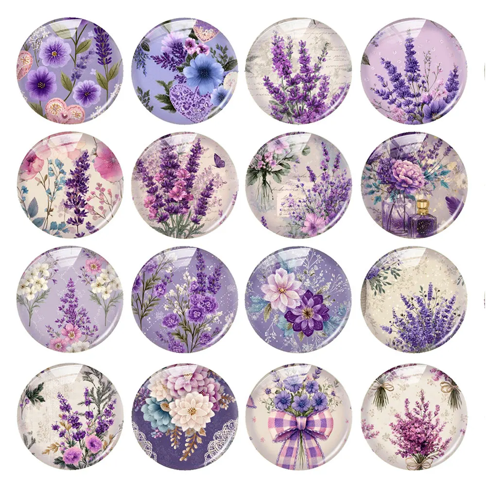 Random Mixed Round/Oval/Square Soft Purple Lavender Countryside Photo Glass Cabochon Flatback Demo Cameo For Diy Jewelry Making