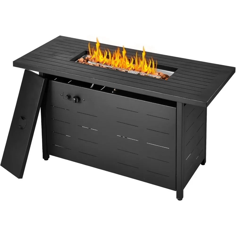50000 BTU Gas Fire Pits Table，45 inch Propane Fire Pit Table with Lid & Lava Rock & Waterproof Cover, Outdoor Propane Firepit