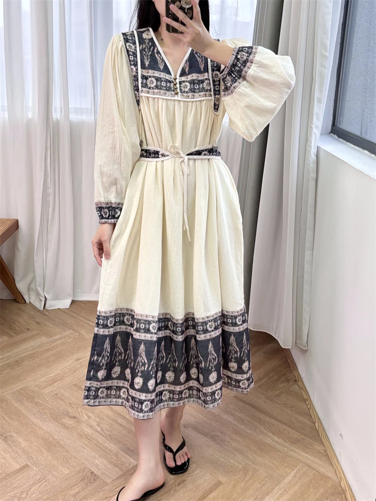 New 2024 High Quality Women 100% Cotton Long Dress Patchwork Vintage A-Line Elegant High Street Chic Stunning Fashion Design SA