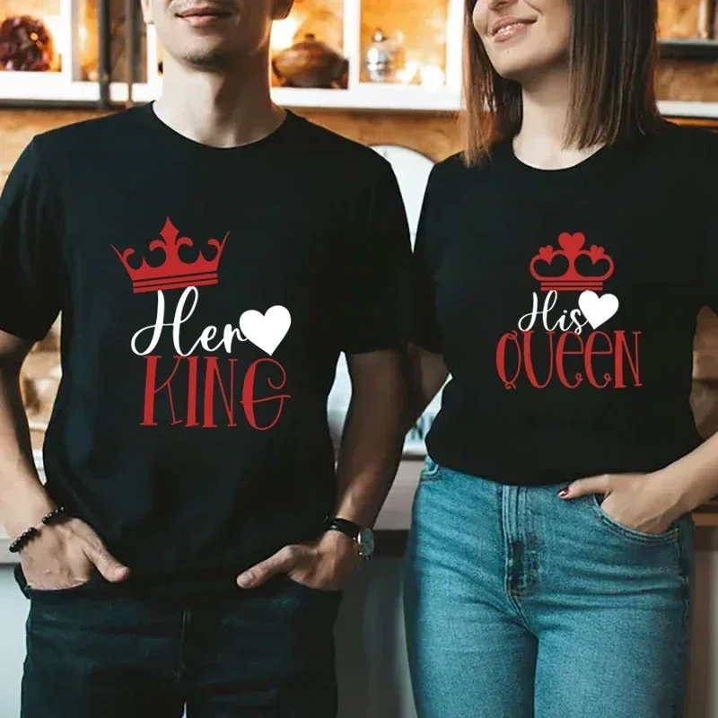 arajuku Womens T-shirt Her King His Queen Crown Printing Couples Tee Shirt H Summer Couple Clothes Valentine Lovers Tops Tshirt