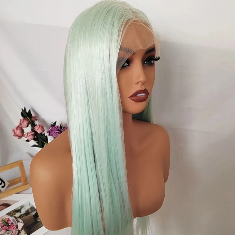 26インチ ナチュラルブラックカラー ロングルーズウェーブ 13x4 レースフロントウィッグ 合成ミントグリーン グルーレスフロントレース交換用ウィッグ