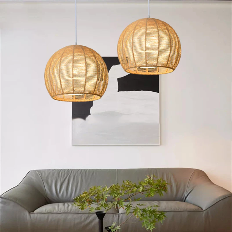 ARTURESTHOME Rattan Pendant Light for Living Room Restaurant Garden Hemp Rope Ball Lighting Bedroom Chandelier Decorative Lamp