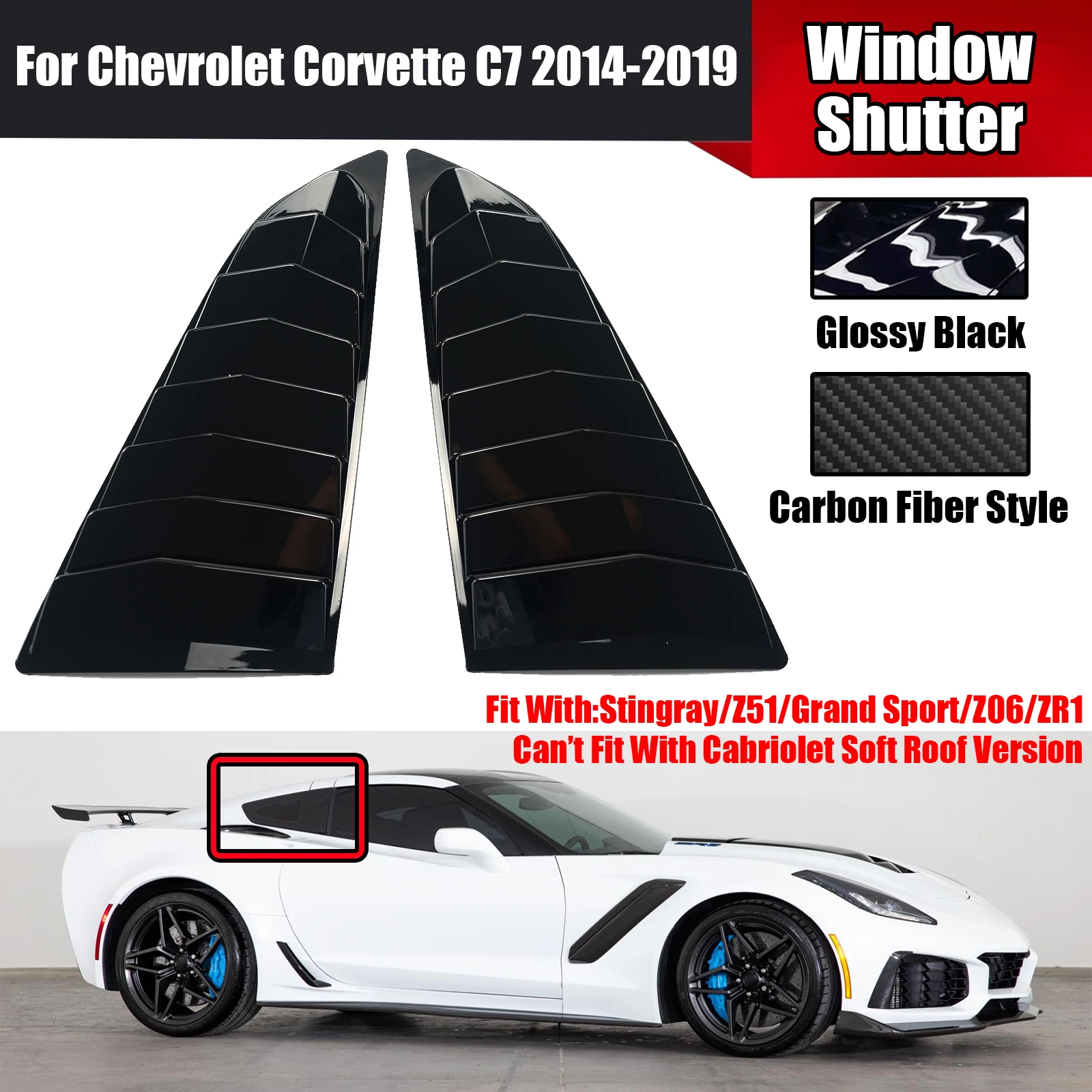 2PCS For 2014-2019 Chevrolet Corvette C7 Rear Window Louvers Scoop Cover Vent Side Shutter Trim Singray Z51 Z06 ZR1 Glossy Black