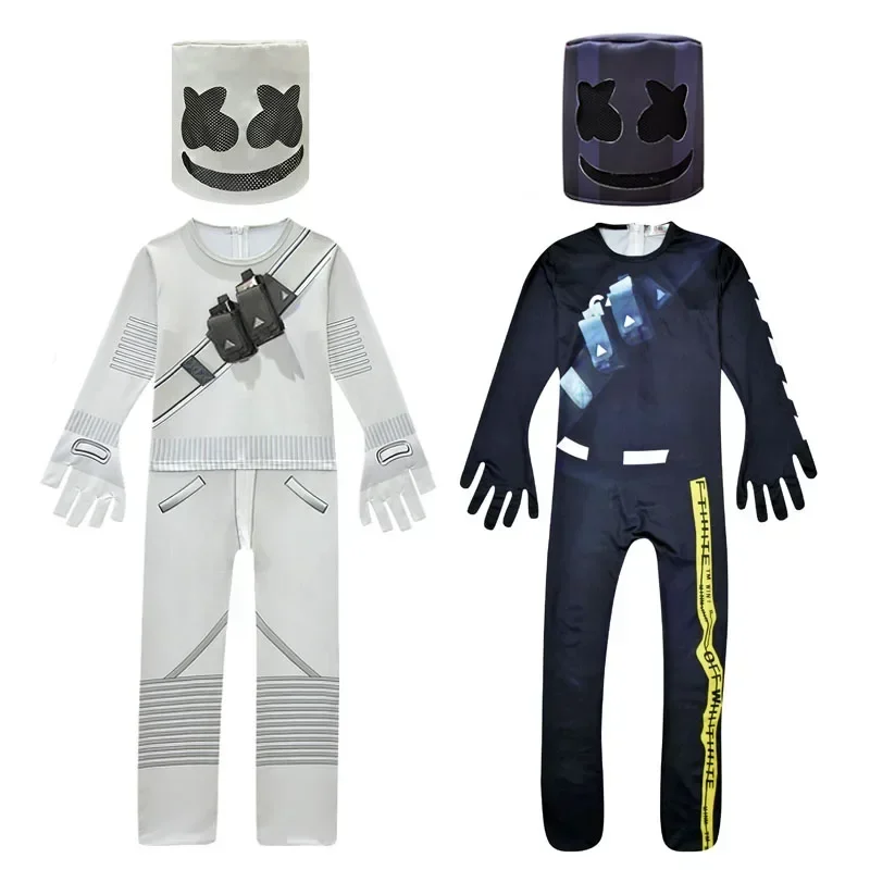 Kids Fortnites DJ Marshmello Cosplay Halloween Costume with Mask Boys Girls Jumpsuit Carnival Party Electric Syllables Bodysuit