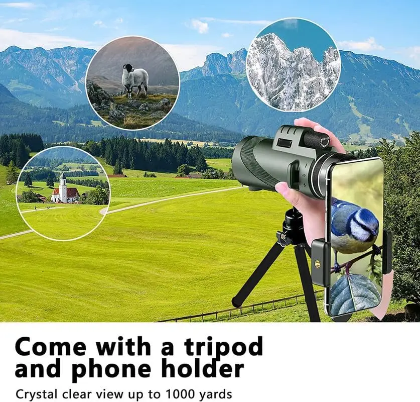 80x100 HD Monocular Telescope with Phone Holder Waterproof BAK4 Prism for Birdwatching, Hunting, Hiking, Outdoor Camping