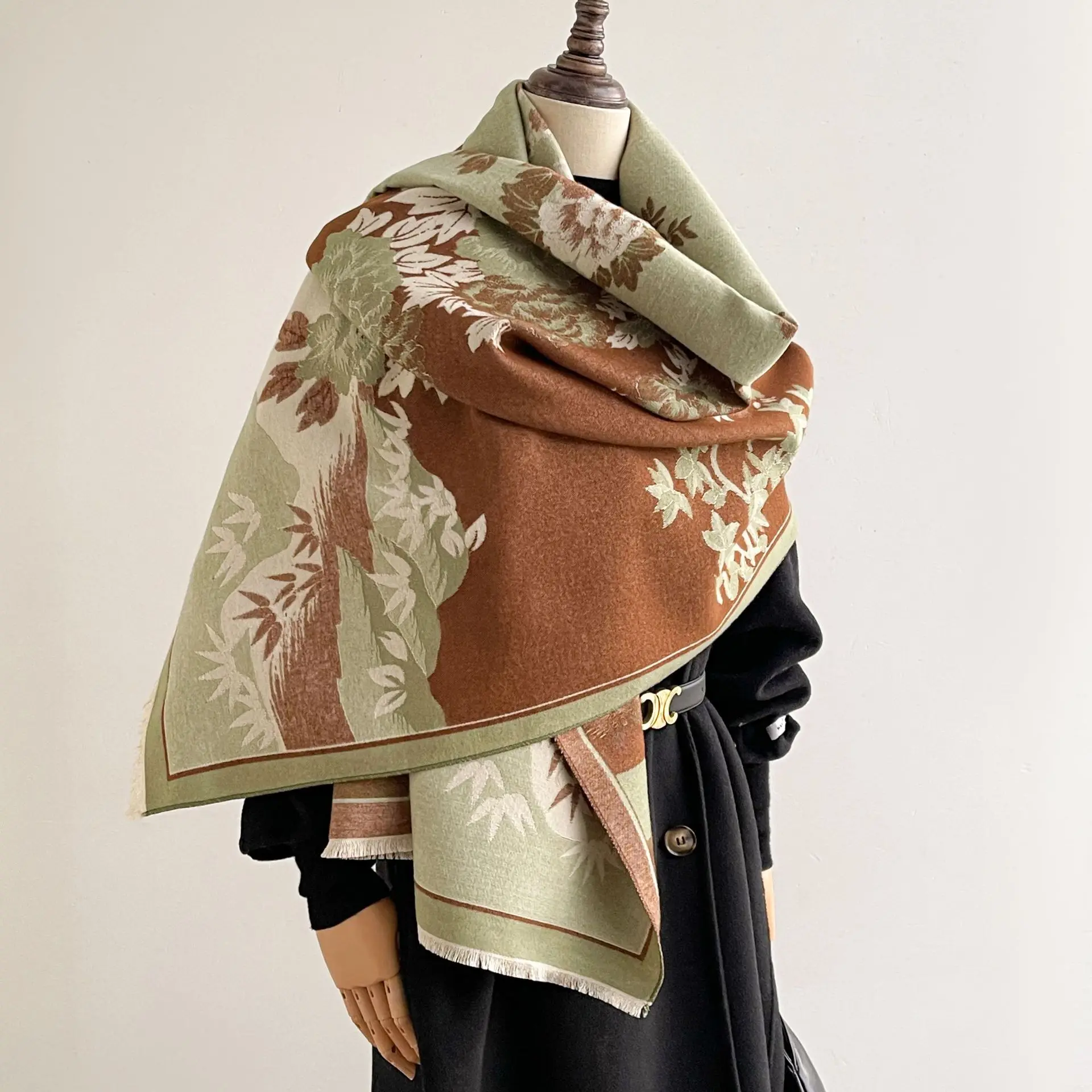 

Женский осенне-зимний шарф из искусственного кашемира с хризантемой и пейзажным принтом, шаль, элегантный теплый уютный дорожный палантин