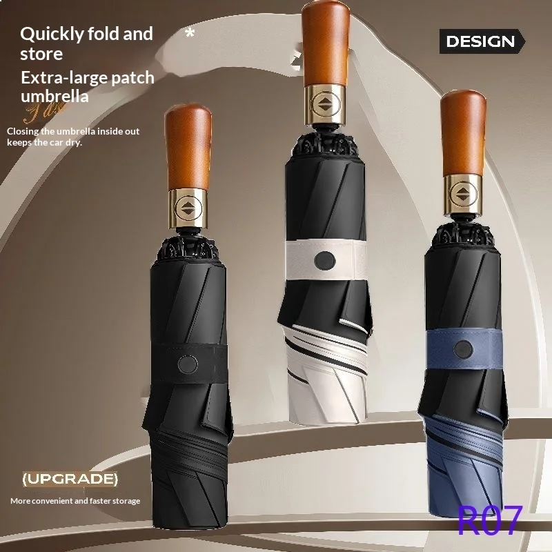 Wooden Handle Memory Fold Umbrella Super Strong Coating Reverse Close Oversized Double Sun Umbrella