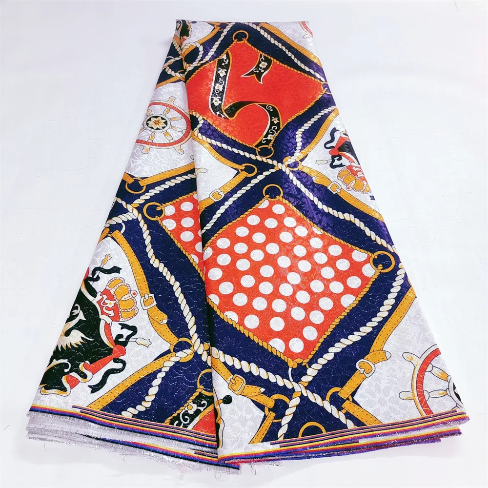 

African Golden Silk Fabric Hot Sale Ghana Style Jacquard Golden Satin Silk Fabric 5Yards for Women Dress Gold Line Fabric P901-1