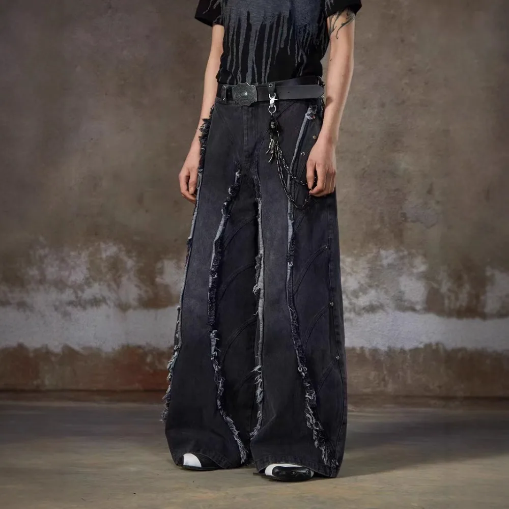 American Heavy Industry Design Sense Silhouette Jeans Pants Men's High Street Wash Rough Edges Tassels Loose Rivets Denim Pant