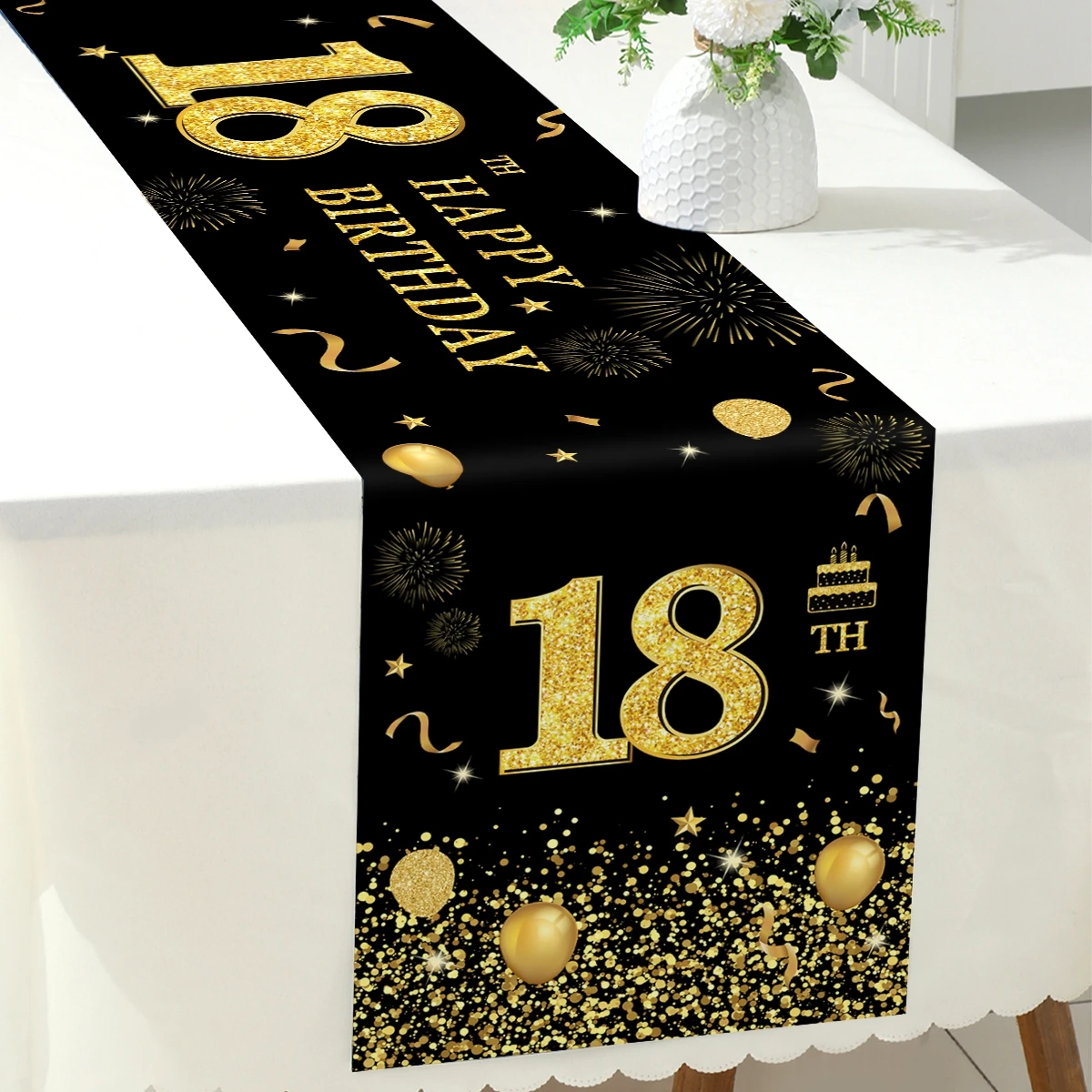 Black Gold Birthday Table Runner Happy Birthday Party Decoration18th 30th 40th 50th 60th Birthday Banner Table Cover Decoration