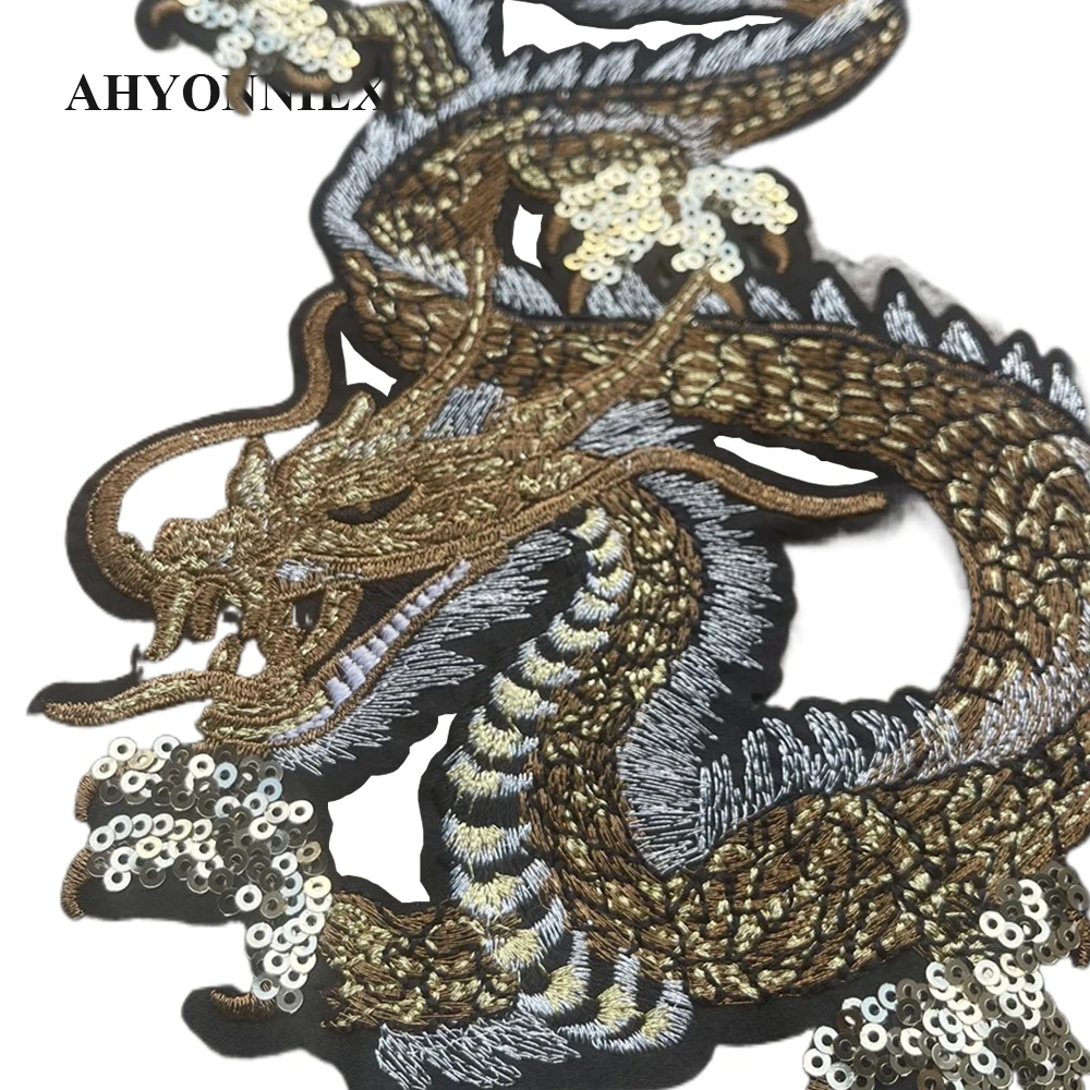 14 X 18.5CM Big Size Dragon Patches Golden Embroidered Stickers for Jacket DIY Fashion Clothes Decoration Accessories