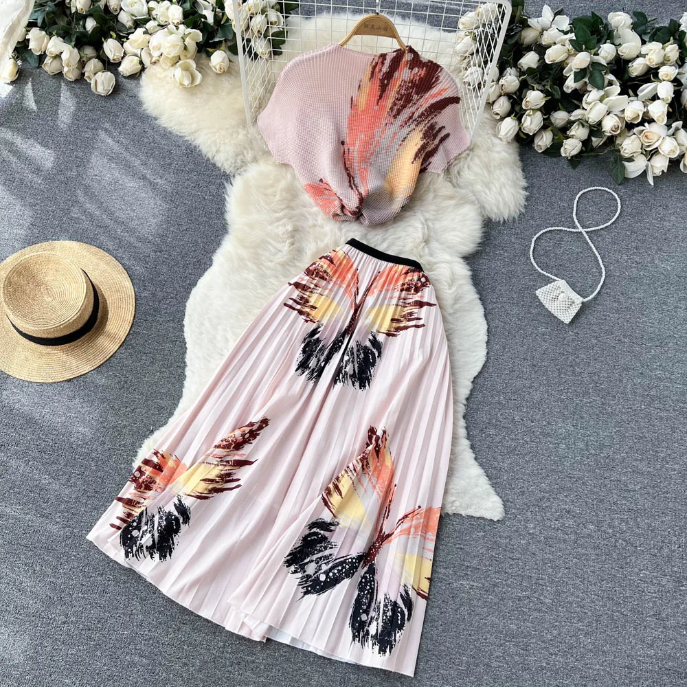 

Ele Summer Outfit for Women Two-Piece Set Floral Print ort T-irt Mid-Length Skirt Trendy And Sli Ensemble