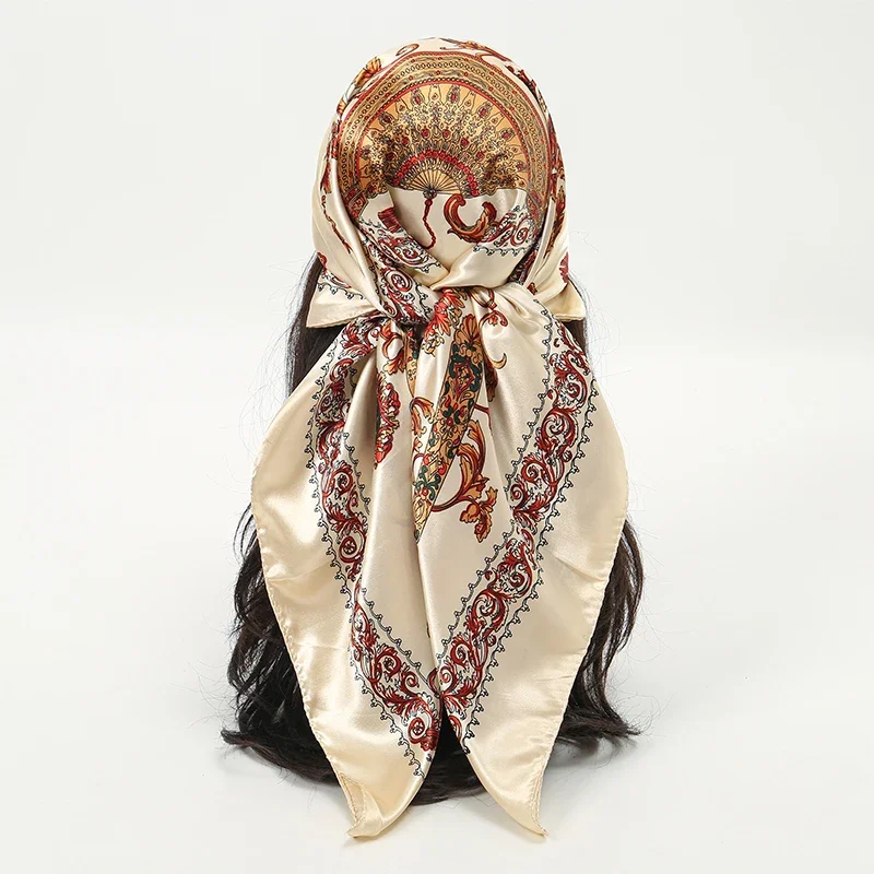 

90cm Square Silk Scarf Women Flower Neckerchief Female New Headband Hair Bands Print Scarves Foulard Hijab Wrap Bandana