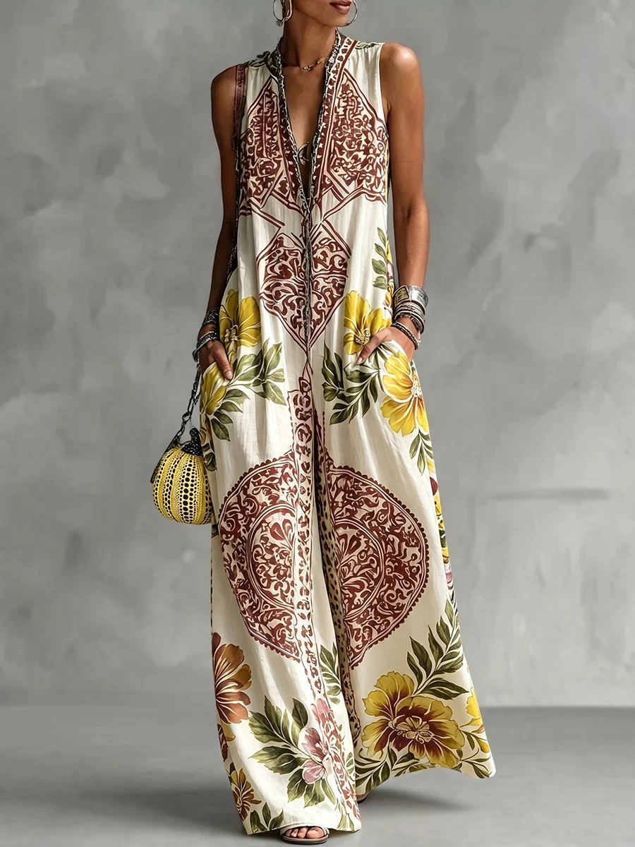 Missuoo Women's Casual Bohemian Floral Print Jumpsuit Deep V-neck Sleeveless Wide Leg Full Length One-piece Suit Vacation Outfit view 5